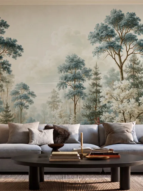 Vintage forest wallpaper mural with blue-grey trees, ivory blossom, red plants and toadstools around a misty path