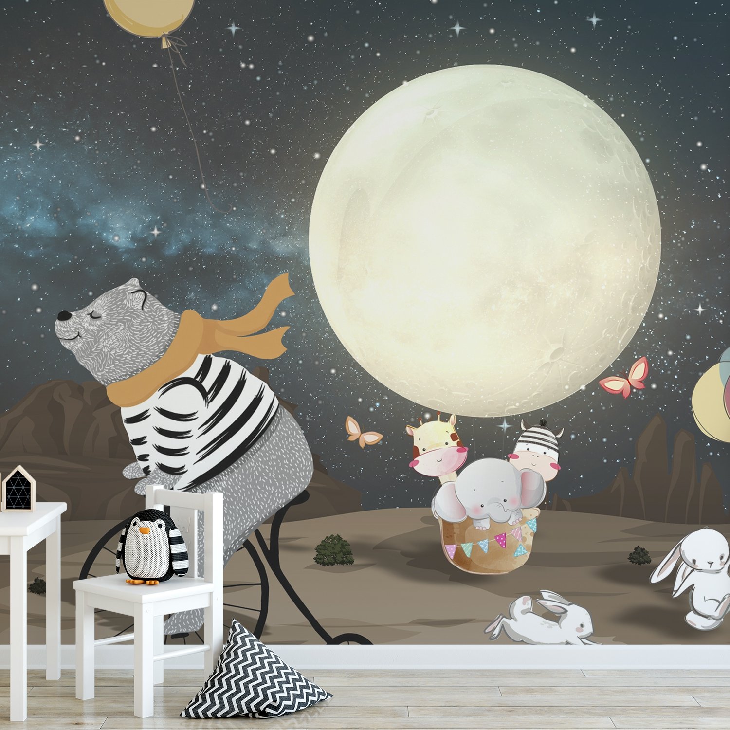 Cartoon Bear and Cute Rabbit with Moon Wallpaper Mural - Peel and Stick