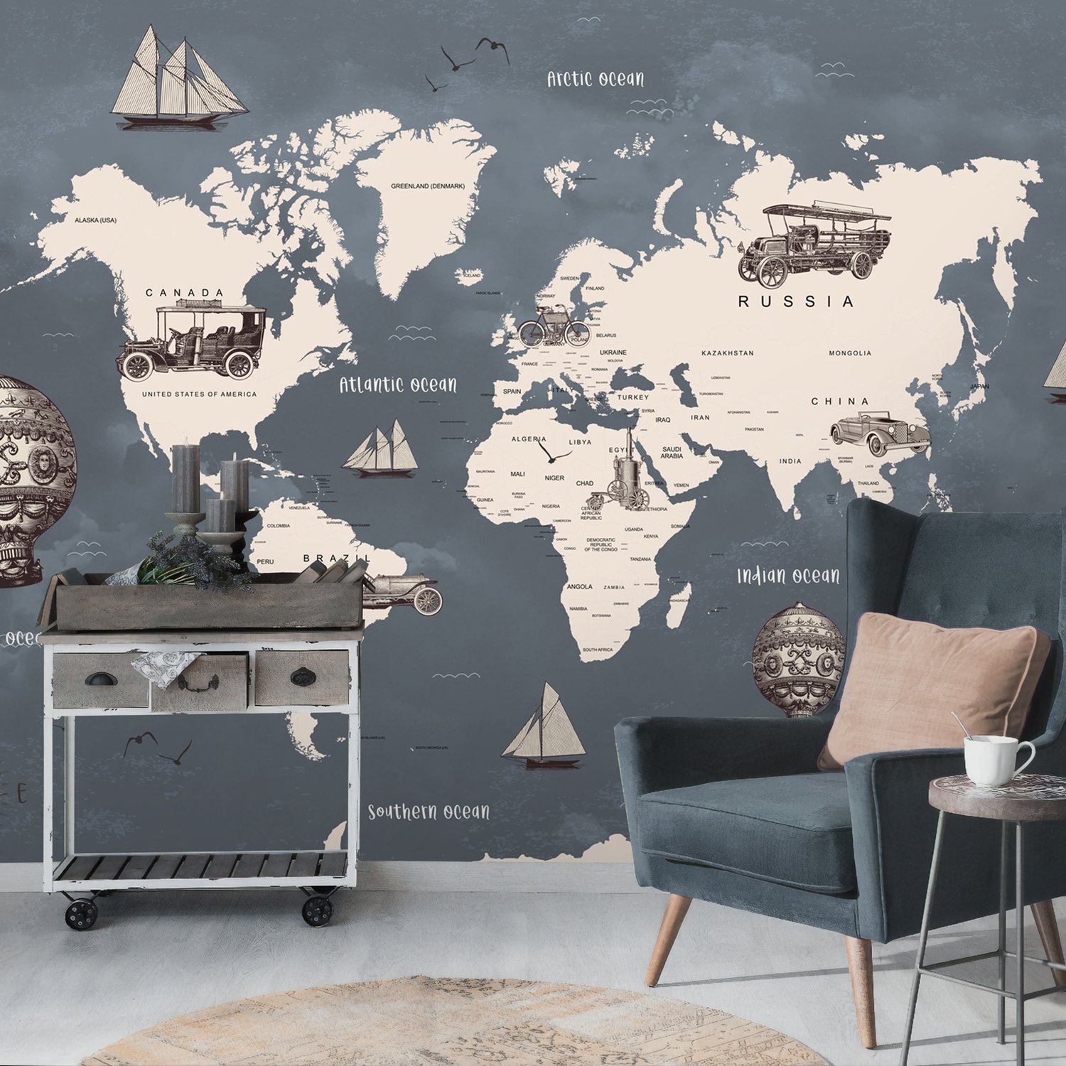 Kids Gray World Maps with Vintage Hot Air Balloon and Cars Wallpaper Mural - Peel and Stick