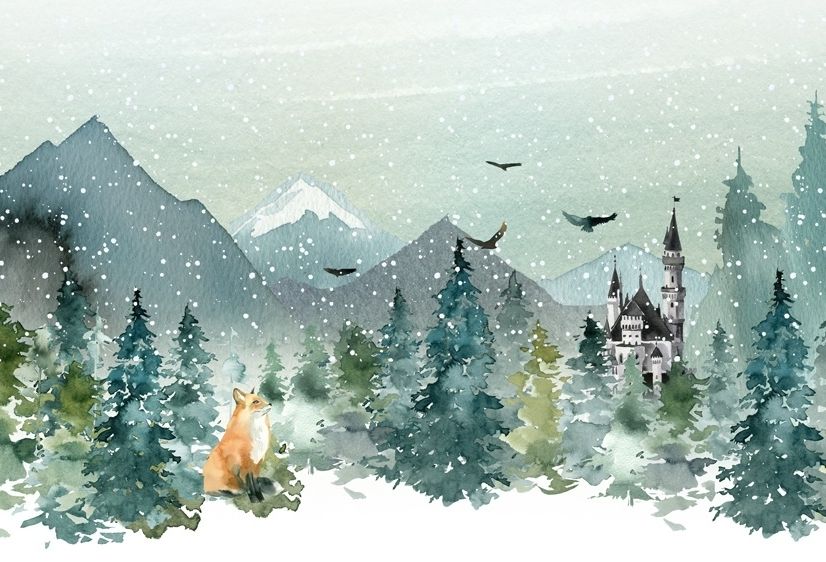 Watercolor Winter Landscape and Fox Wallpaper Mural