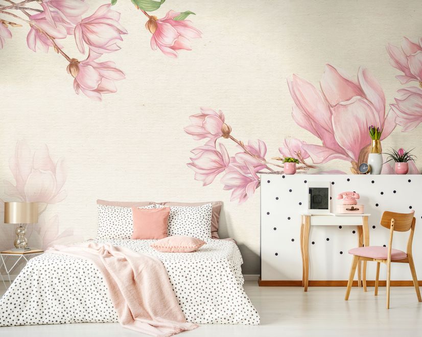 Watercolor Pink Magnolia Blossom Wallpaper Mural