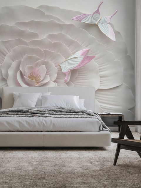 Papier peint panoramique fleurs et papillons en 3D, aspect gaufré
