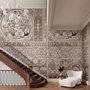 Antique wallpaper mural with Art Nouveau floral tile panels, sepia borders and blush botanical medallions