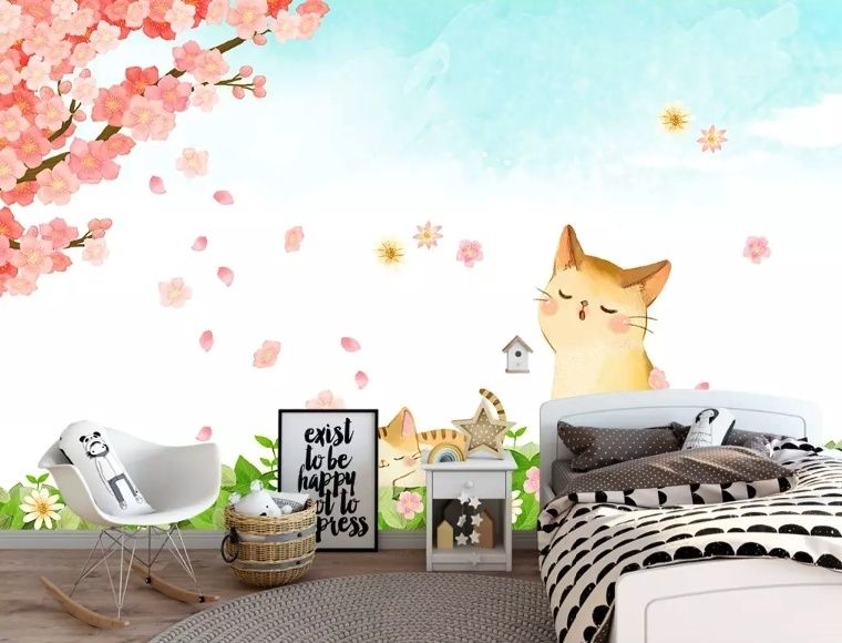 Cherry Blossom and Cartoon Cats Wallpaper Mural