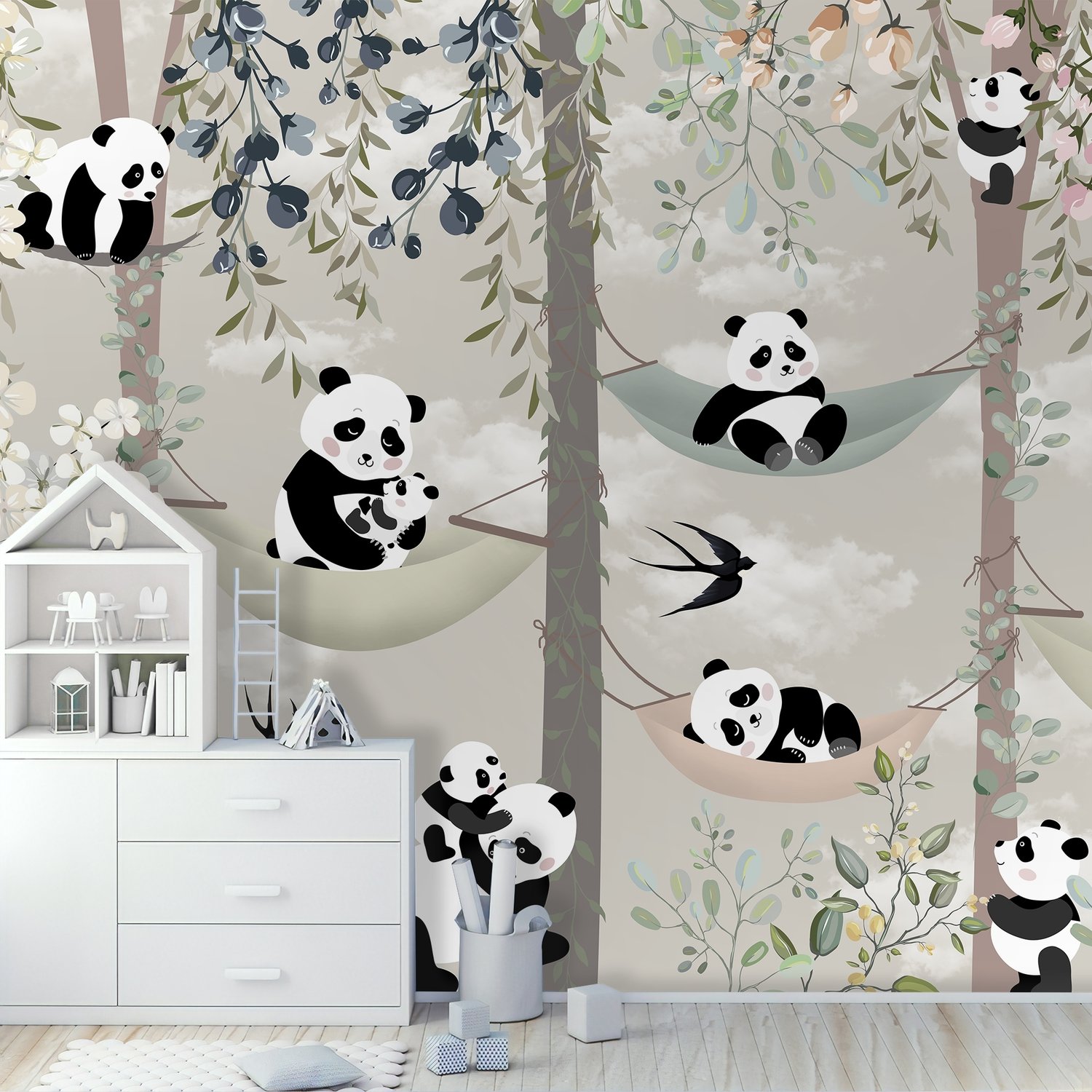 Nursery Panda Bear on Hammock Trees Wallpaper Mural - Peel and Stick