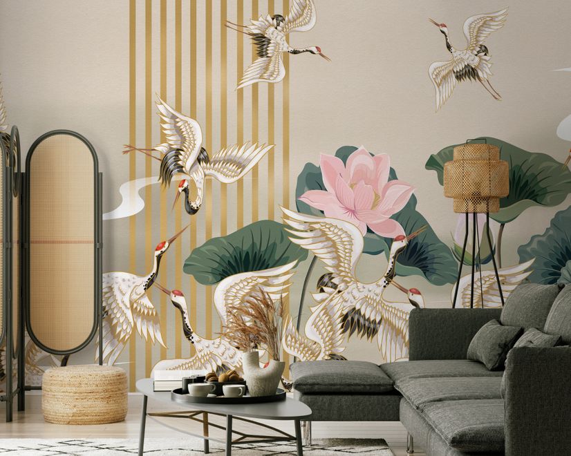Chinese Crane Birds with Lotus Florals Wallpaper Mural