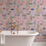 Cute pink seashell wallpaper with watercolour reef fish, coral, seaweed, starfish and shells on blush pink
