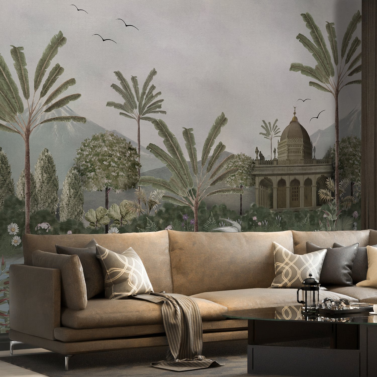 Vintage River Landscape with Mosque Historical Art Wallpaper Mural - Peel and Stick