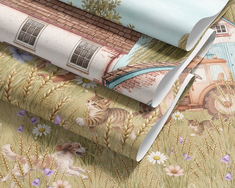 Watercolour rustic farmhouse wallpaper mural with horse, cow, llama, dog, tractor and cottage barns in a wheat meadow