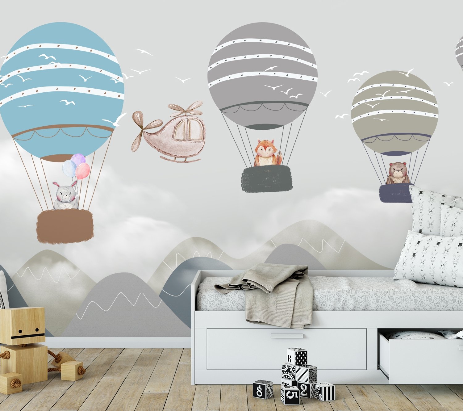 Kids Cartoon Hot Air Balloon and Airplane Wallpaper Mural - Peel and Stick