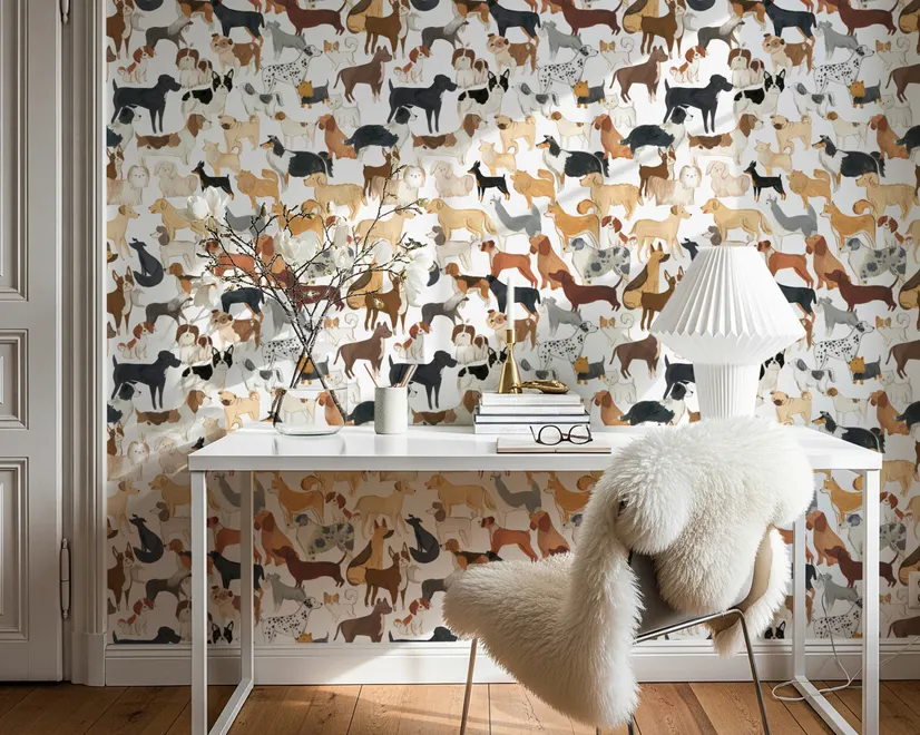 Zoomie kids wallpaper with painted dog breeds in tan, brown, black and grey on white
