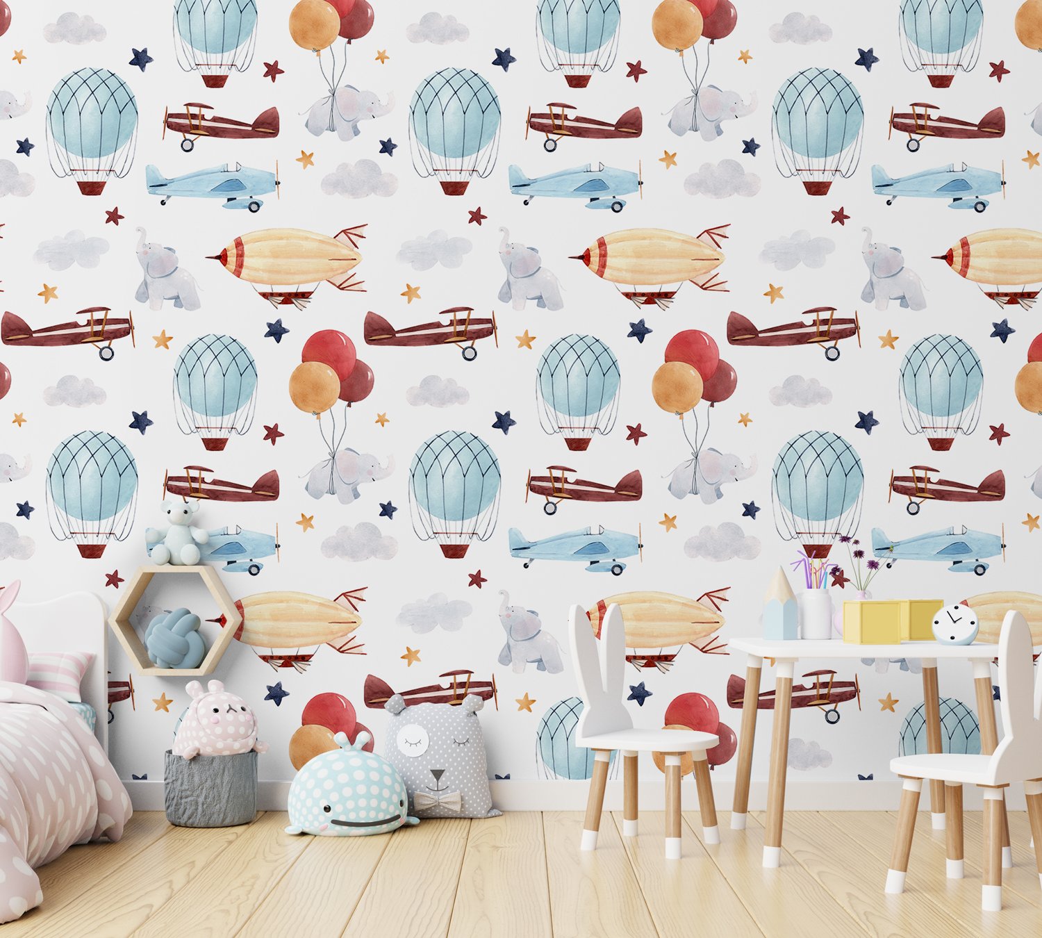 Kids Vintage Hot Air Balloon and Aircraft Pattern Wallpaper Mural - Peel and Stick