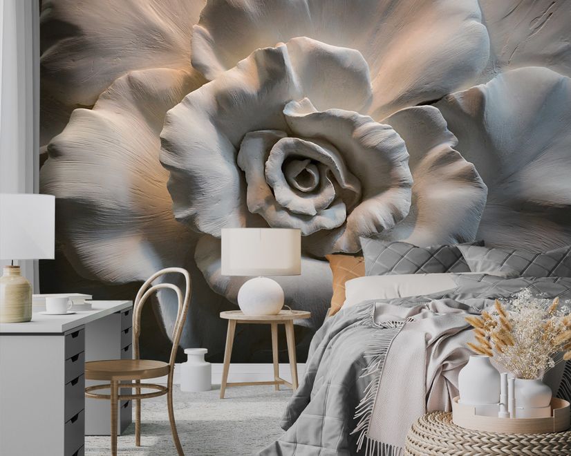 3D Embossed Look Cement Roses Wallpaper Mural