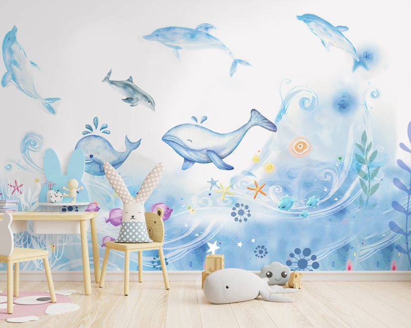 Cartoon Undersea and Whales Wallpaper Mural