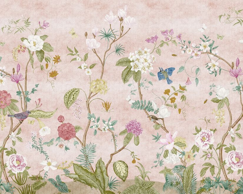 Papier peint panoramique floral Chinoiserie coloré