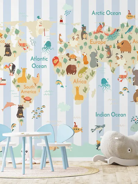 Kids Animals World Map with Stripe Pattern Wallpaper Mural