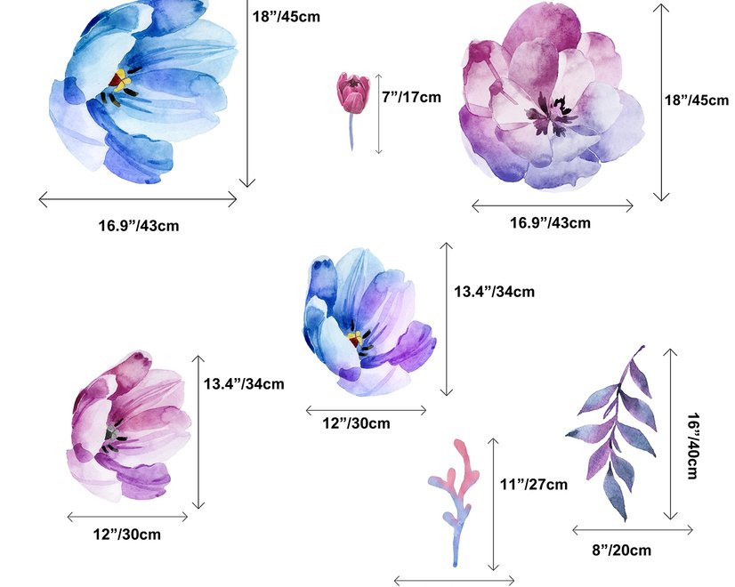 Watercolor Pink Blue Gardenia Floral Bouqets Wall Decal Sticker