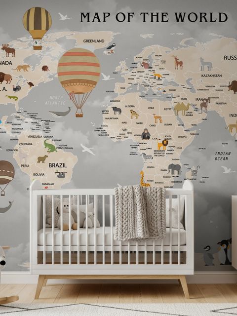 Kids World Map with Vintage Hot Air Balloon Wallpaper Mural