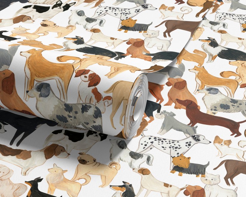 Zoomie kids wallpaper with painted dog breeds in tan, brown, black and grey on white