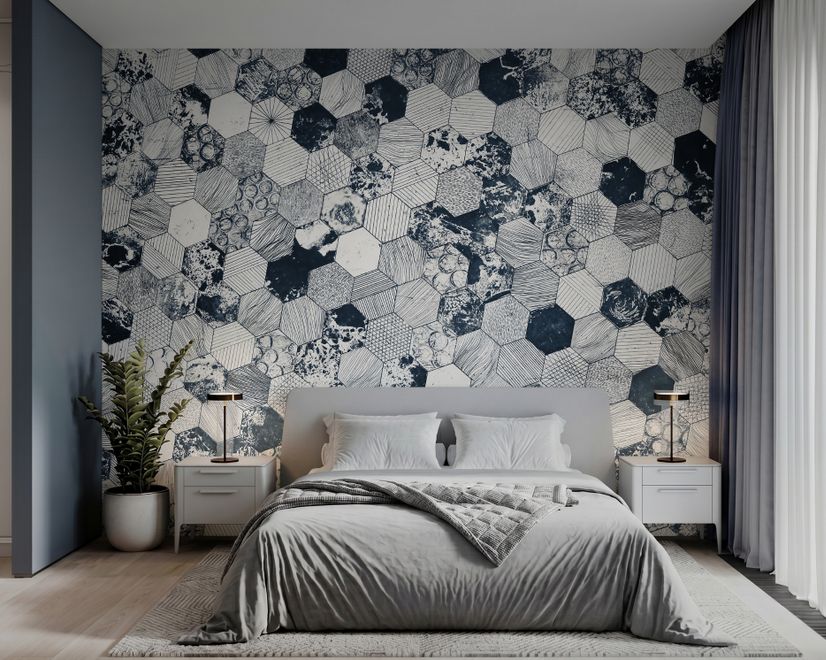 Papier peint panoramique à motif hexagonal foncé