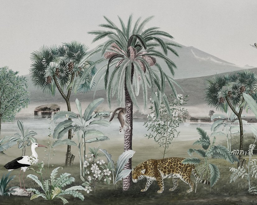 Vintage Exotische Landschaft mit Wildtieren Fototapete
