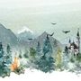 Watercolor Winter Landscape and Fox Wallpaper Mural