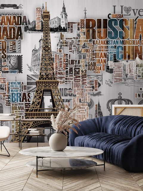 Eiffelturm und Länder-Typografie Fototapete