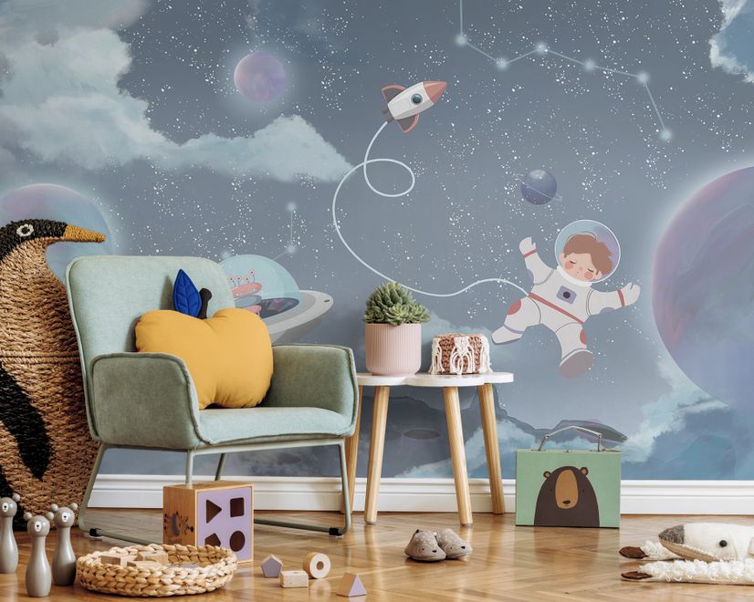 Papier peint panoramique de l'espace pour garçons - Planètes brillantes et astronautes