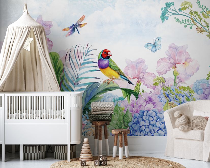Hydrangea and Peony with Parrot Wallpaper Mural
