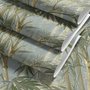 Bamboo oil painting wallpaper with olive leaves and ochre canes on a soft blue-grey ground