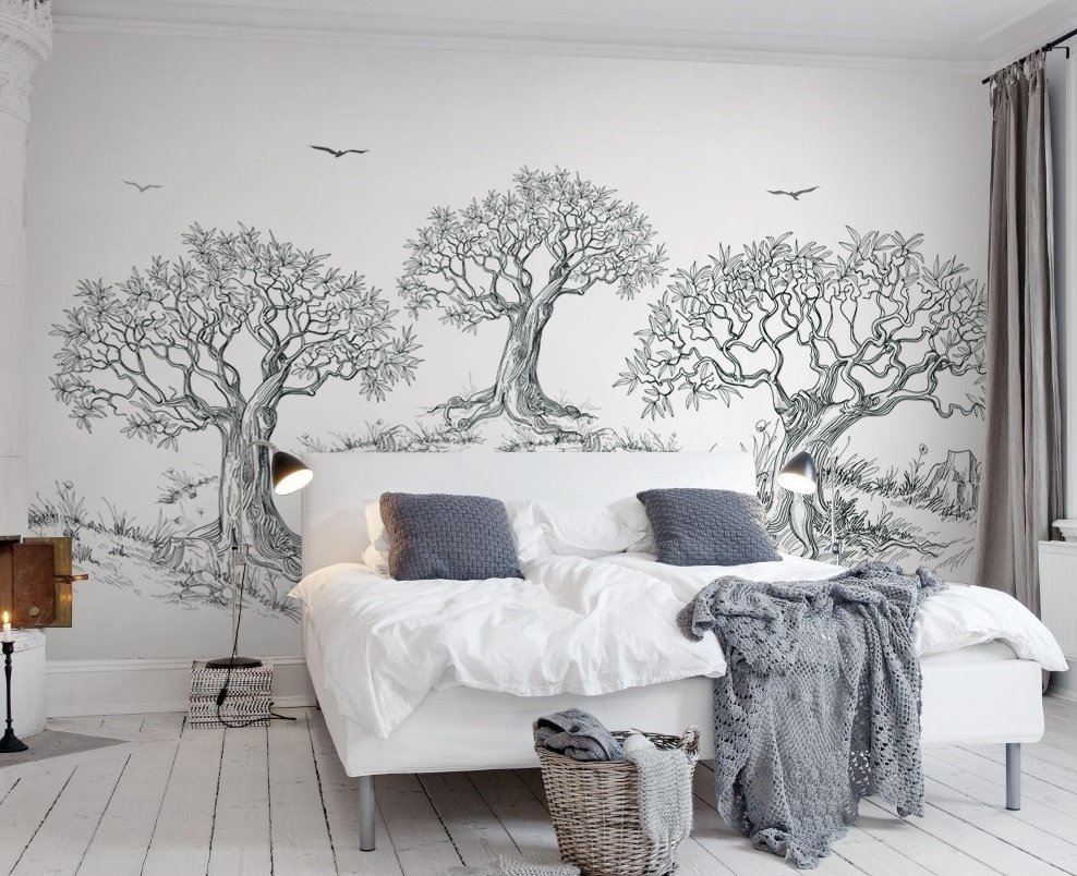 Charcoal Tree Drawing Wallpaper Mural - Peel and Stick
