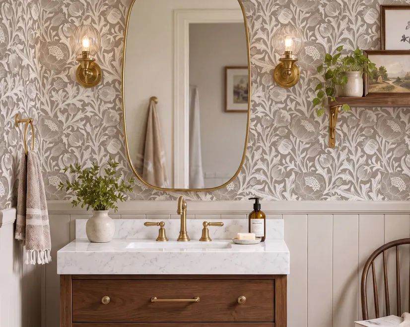 Greige botanical wallpaper with white watercolour flowers, buds, seed heads and acanthus leaves