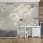 Kids Soft Brown Continent World Map with Drawing Animals Wallpaper Mural
