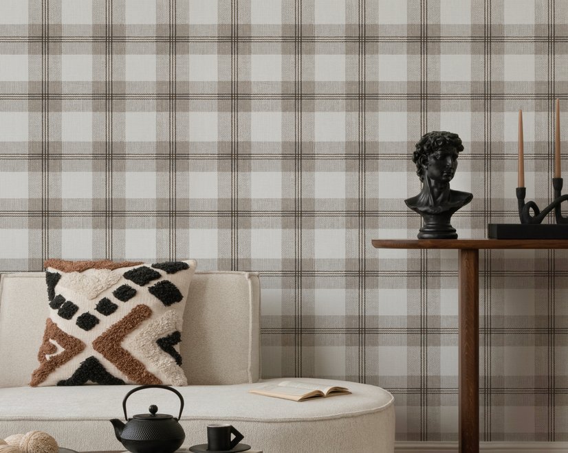 Neutral beige and brown plaid wallpaper with cream squares, taupe woven blocks and fine dark brown lines