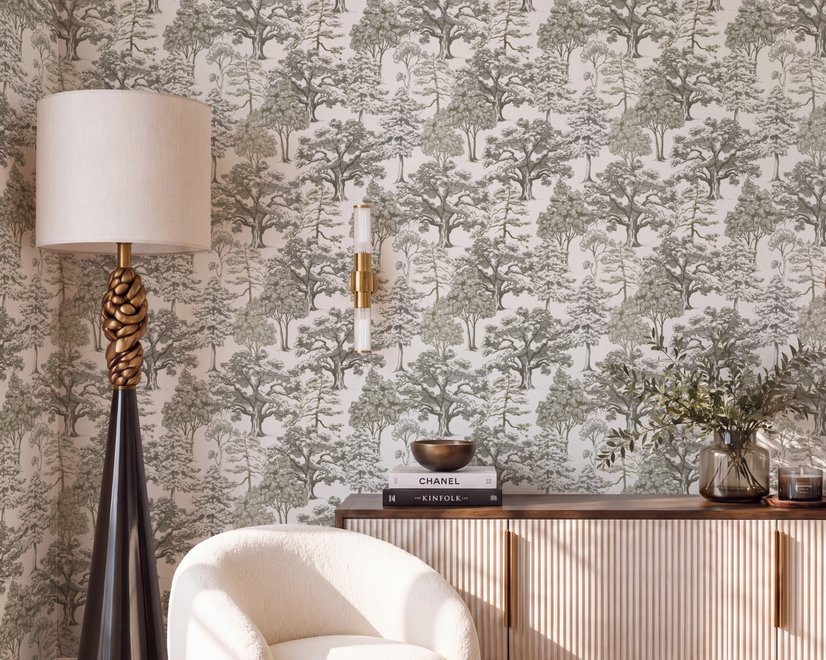 Monochrome wallpaper with grey tree toile on a clean white ground