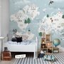 Kinder Blaue Weltkarte mit Niedlichen Tieren und Fliegendem Elefanten Fototapete