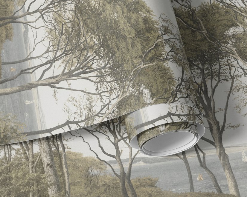 Tree wallpaper forest mural with olive coastal woodland, bare branches, shoreline path and small sailboats