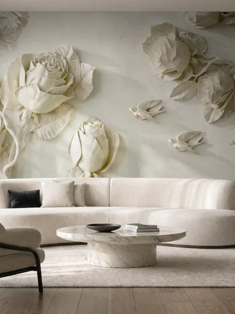 3D Embossed Look Rose Sculpture Wallpaper Mural