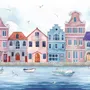 Aquarell-Fototapete Niederländische Häuser für Kinder