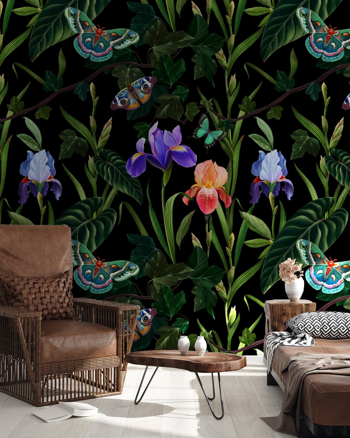 Dark Purple Flowers with Butterflies Wallpaper Mural - Peel and Stick