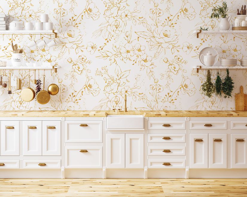 Gold Look Peony Floral Drawing Bright Flower Art Wallpaper Mural