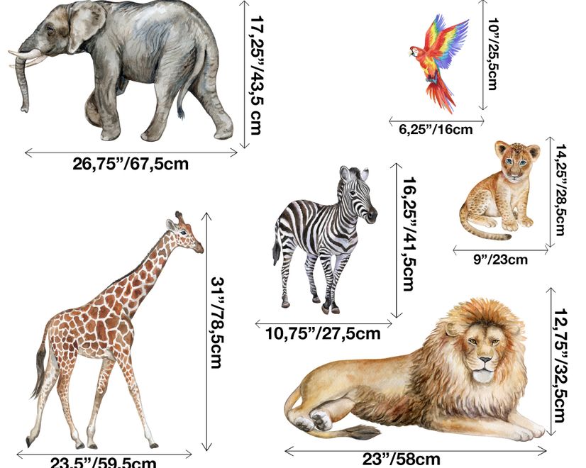 Kids Watercolor Safari Animals with Banana Leaves Wall Decal Sticker