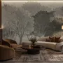 Light gray wallpaper mural with layered ink-wash woodland trees, falling leaves and birds