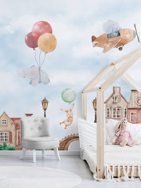 Aquarell Niedliche Häuser mit Fliegenden Tieren Fototapete für Kinder