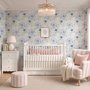 Blue floral wallpaper with watercolour anemone blooms, mint sage leaves and yellow ochre centres on white