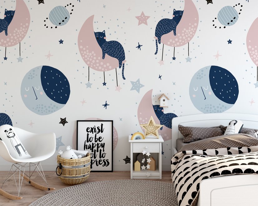 Cute Sleeping Cat on the Moon Wallpaper Mural