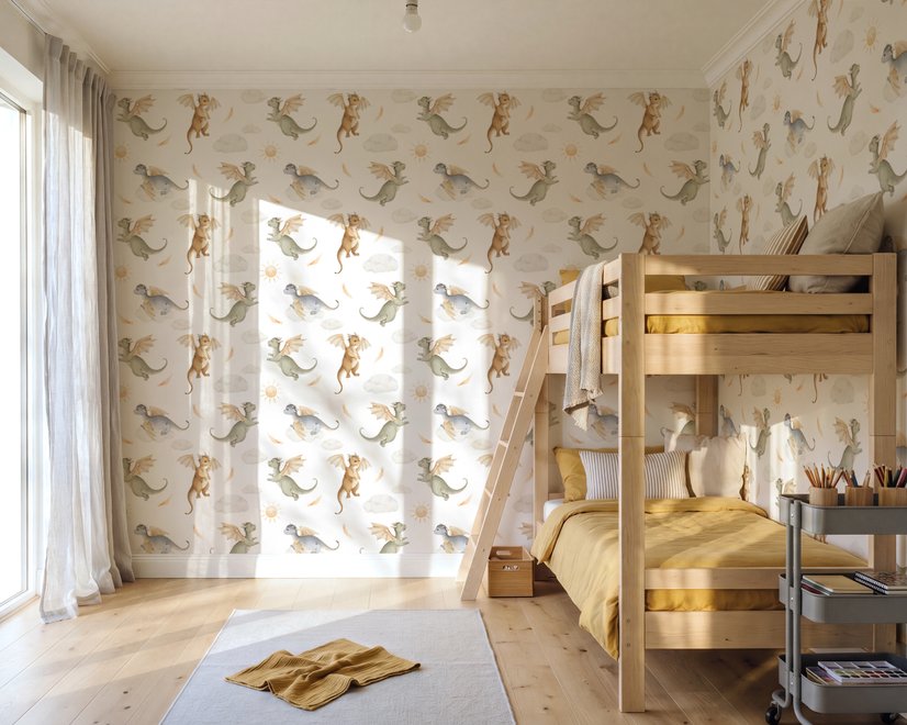 Kids wallpaper with sage, caramel and blue-gray watercolor dragons, clouds, sun and stars on white