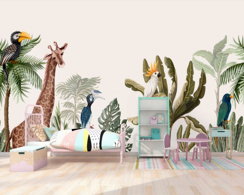 Watercolor Jungle and Safari Animals Wallpaper Mural