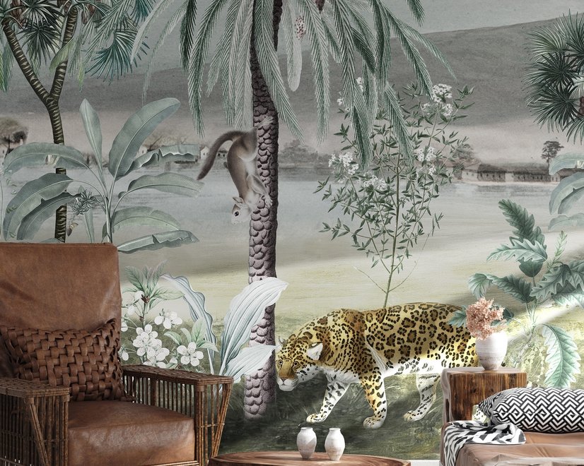 Papier peint paysage exotique vintage avec animaux sauvages
