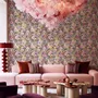 Bold wallpaper for powder room with pop art female faces, pink flowers, black comic panels, mustard, teal and fuchsia details